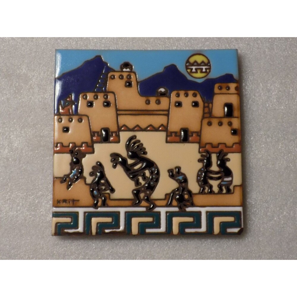 Earthtones Kokopelli Dancing Painted Ceramic Porcelain Art Tile Decor